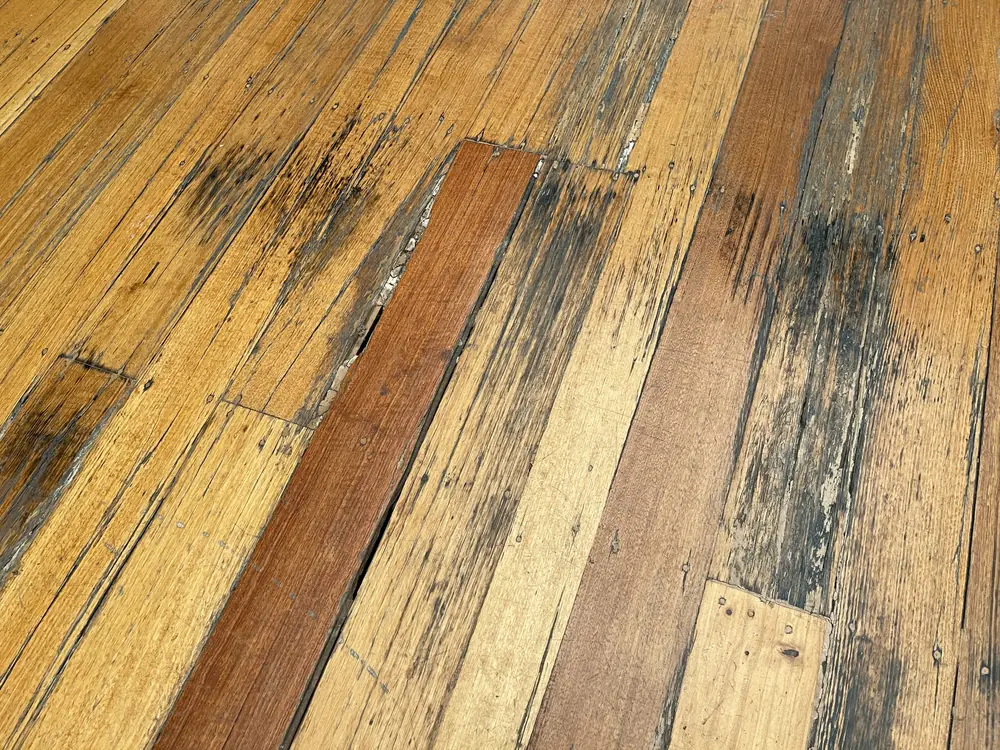 The old floor, worn and patched