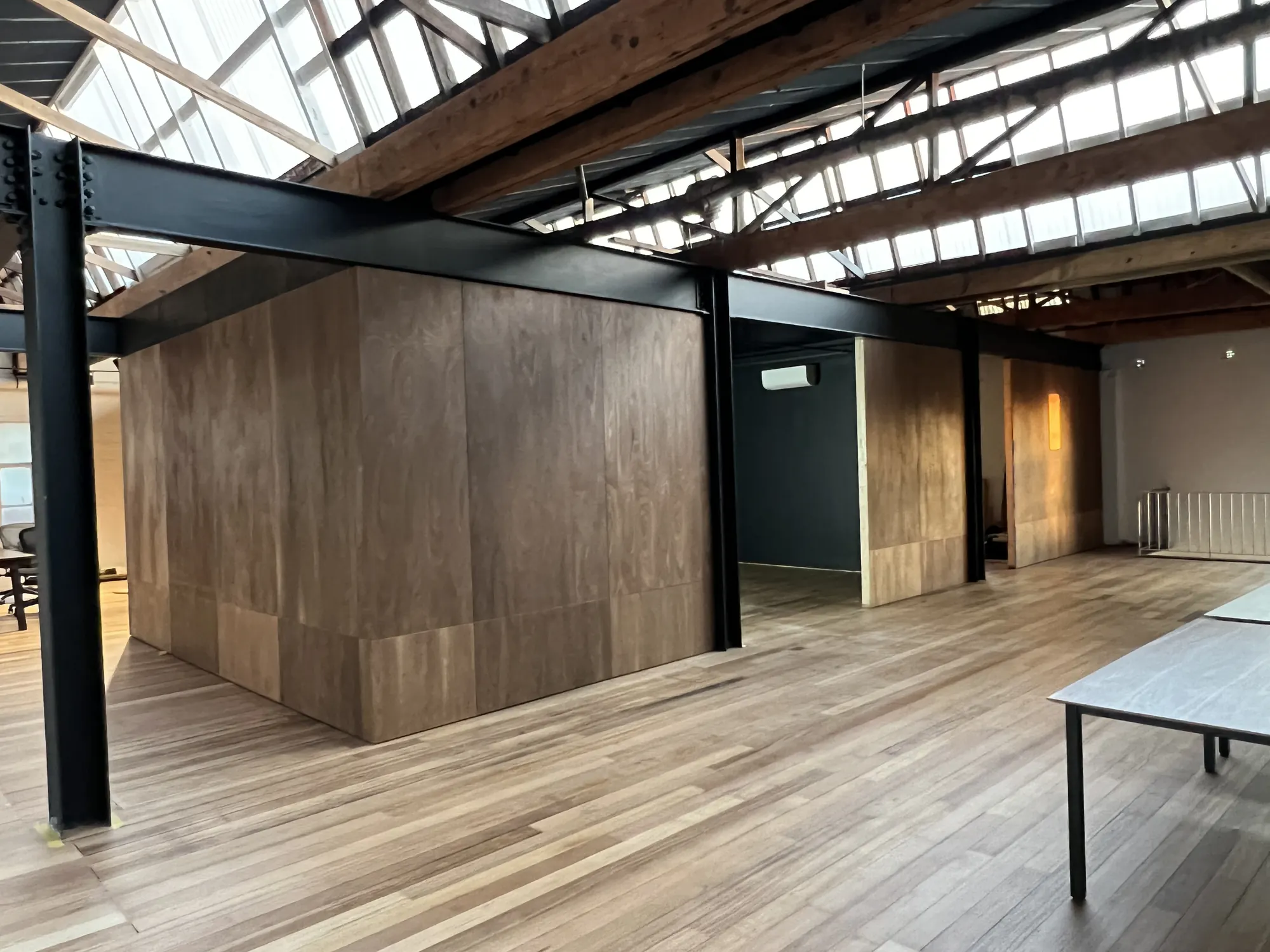 The finished floor with the steel frame and timber walls