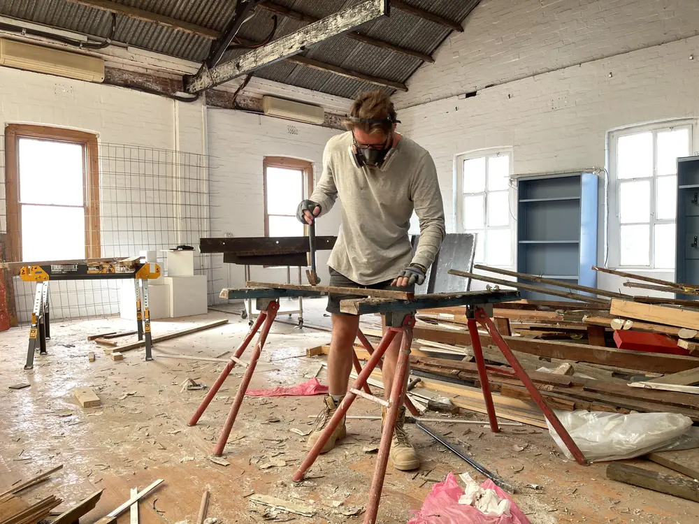 Cutting the reclaimed boards