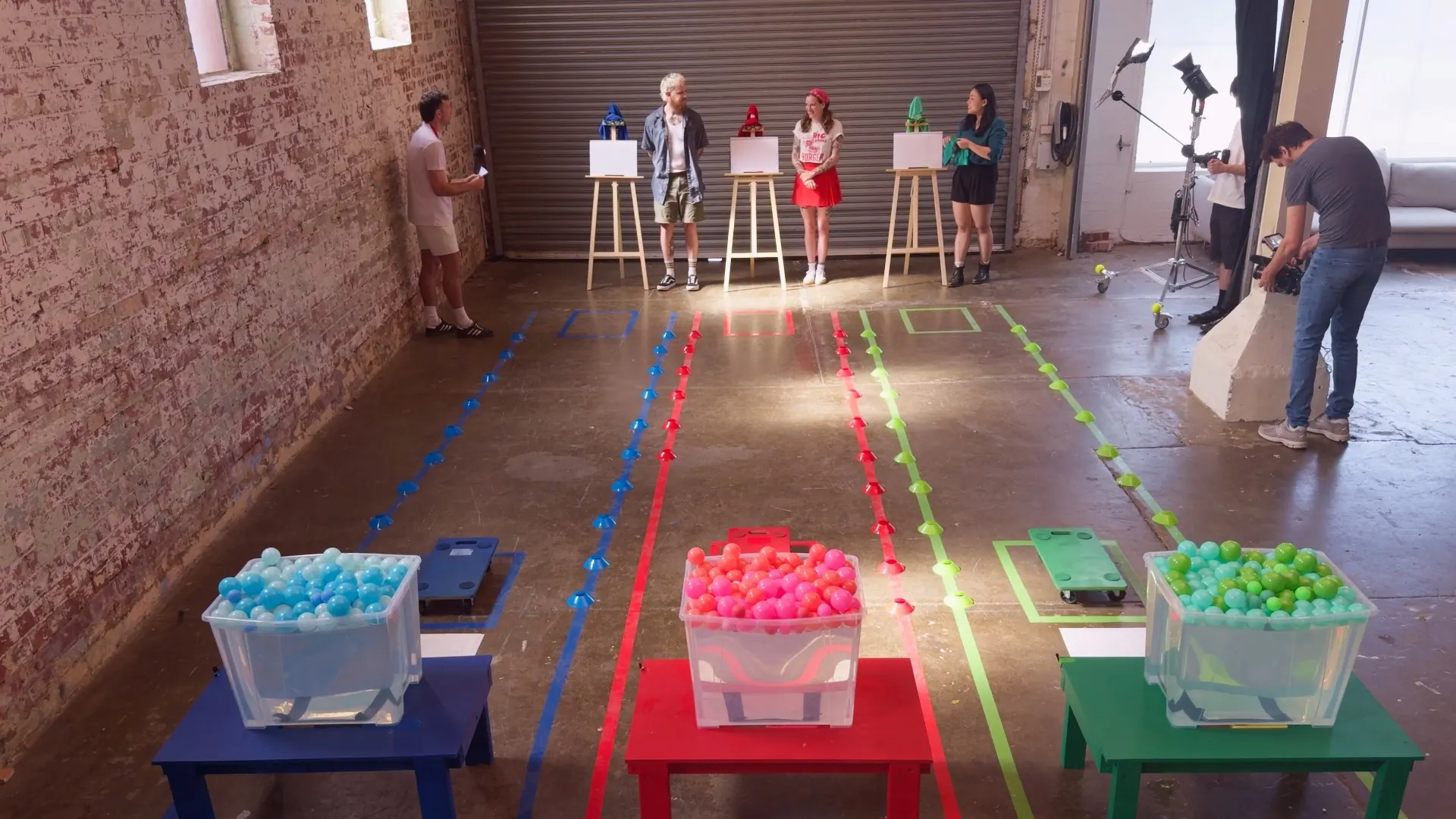 A game set up across the warehouse floor