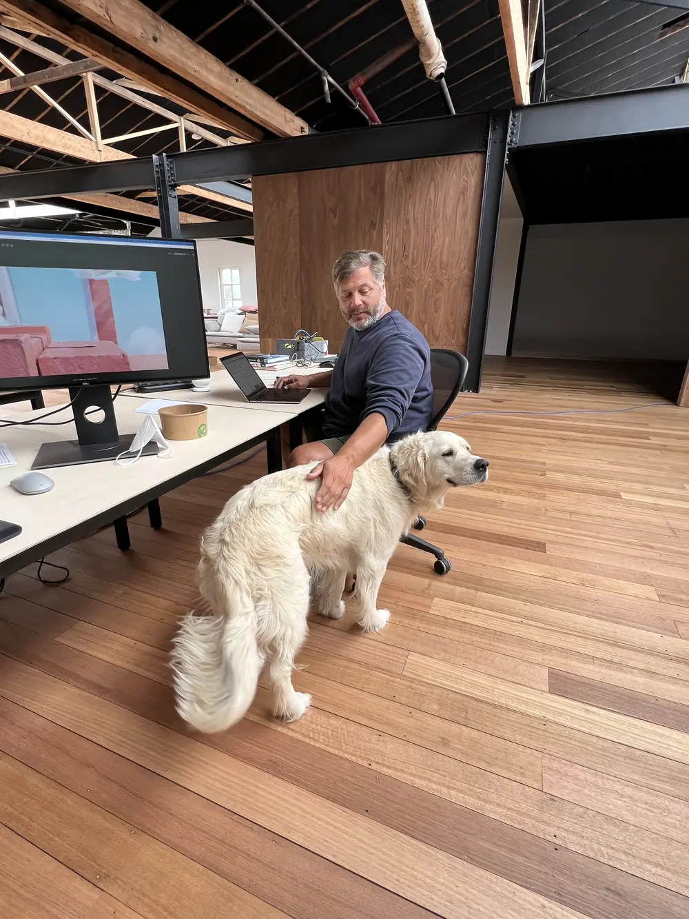 Working upstairs, with the office dog