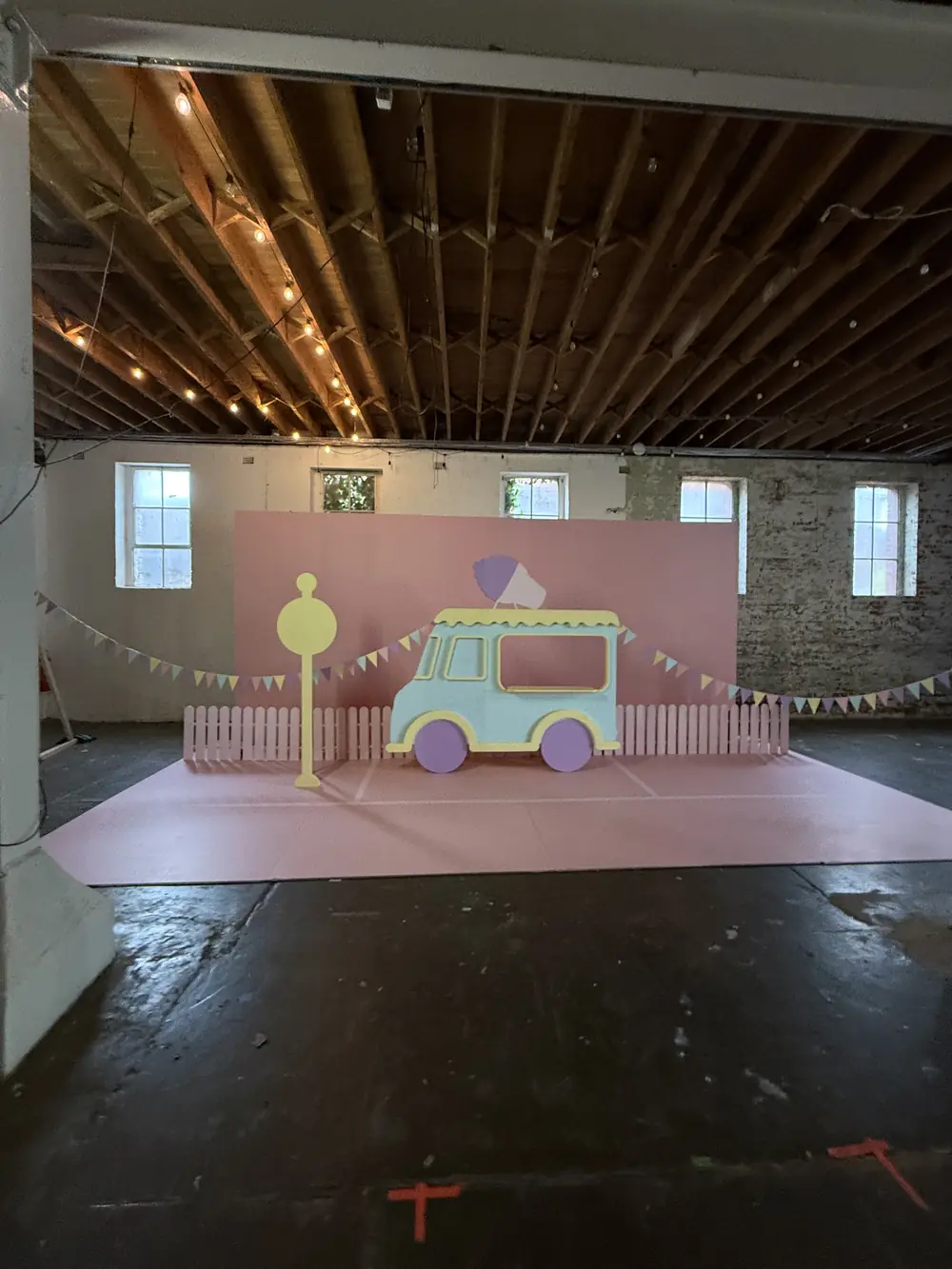 A set built on the warehouse floor