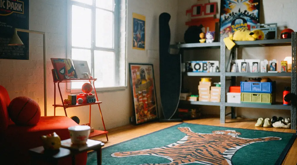 The front office, shelves and rug