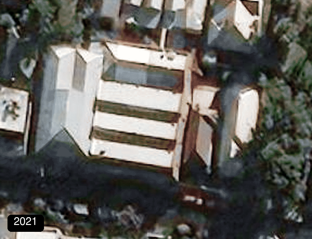 Satellite view of the roof flicking between 2021, with no panels, and 2025, with solar panels
